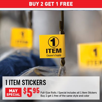 Buy 2 Get 1 Free 1 Item Stickers $5.95 / Full-Size Rolls / Special includes all 1 Item Stickers / Buy 2 get 1 free of the same style and color.